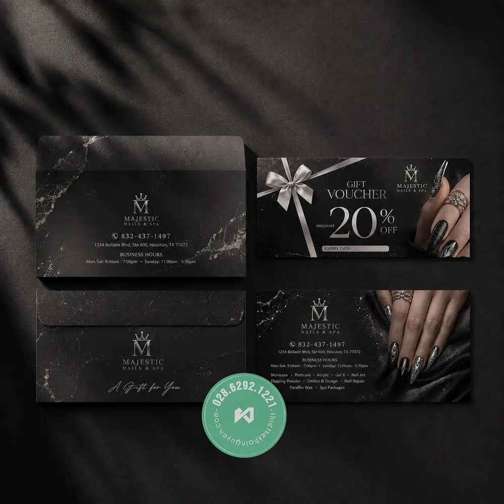 Custom Gift Voucher Printing for Vietnamese Nail Salons – International Shipping 15 Voucher Nails - Black Marble Luxury – Majestic Nails & Spa (Houston, TX)