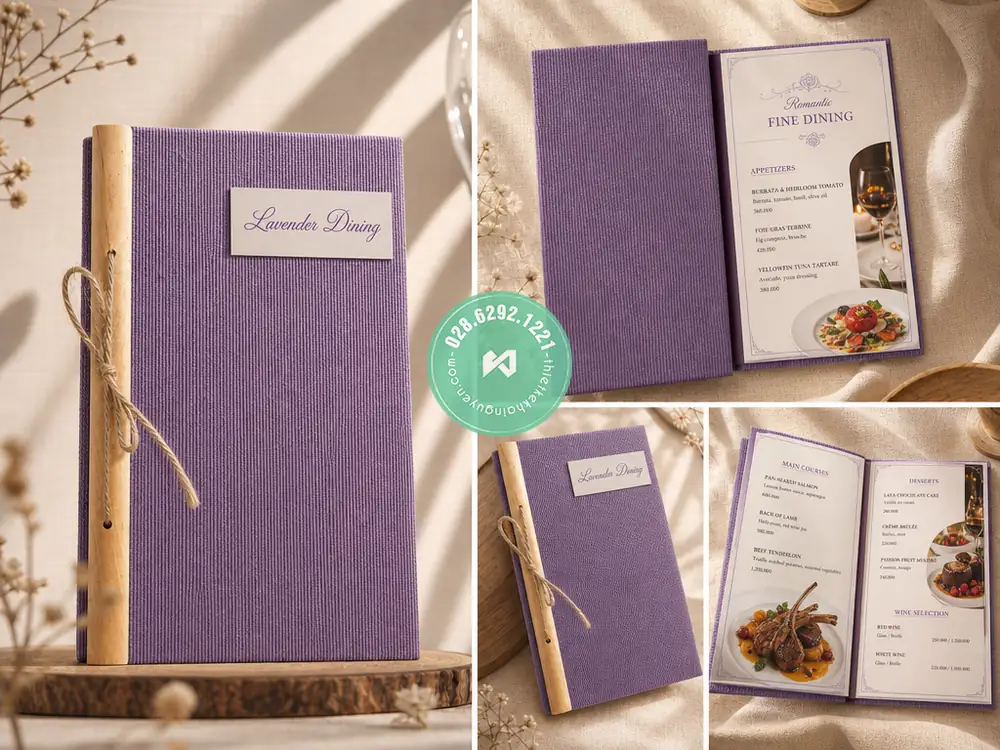 Xưởng in menu vải gáy gỗ đặc biệt cho Nhà Hàng tại TPHCM 7 Ảnh mẫu menu vải gáy gỗ tự nhiên - Lavender Dining