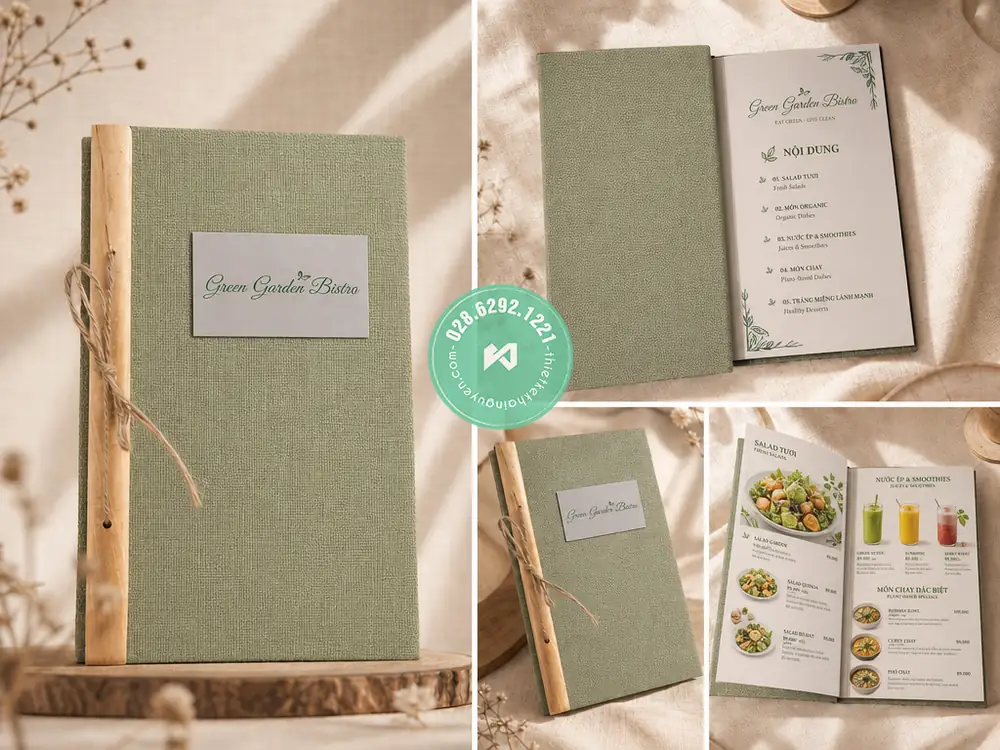 Xưởng in menu vải gáy gỗ đặc biệt cho Nhà Hàng tại TPHCM 8 Dự án in menu vải gáy gỗ - Green Garden Bistro