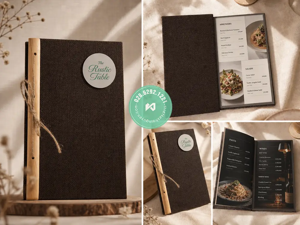 Xưởng in menu vải gáy gỗ đặc biệt cho Nhà Hàng tại TPHCM 9 Công ty menu vải gáy gỗ gắn logo inox tròn