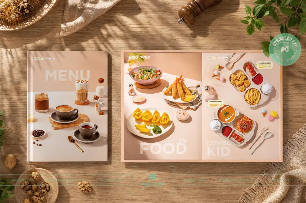 Thiết Kế Menu Đa Ngôn Ngữ Cho Nhà Hàng 2026 | Khải Nguyên 17 In menu mở phẳng 180 độ cho nhà hàng Kubo