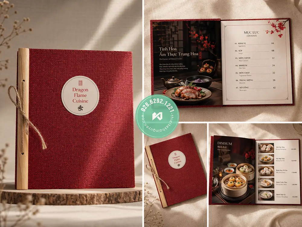 Xưởng in menu vải gáy gỗ đặc biệt cho Nhà Hàng tại TPHCM 11 Mẫu menu vải màu đỏ Á Đông cho nhà hàng Dragon Flame Cuisine