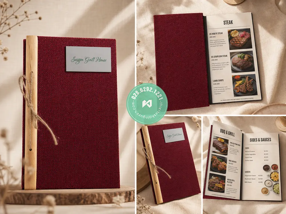 Xưởng in menu vải gáy gỗ đặc biệt cho Nhà Hàng tại TPHCM 3 Menu vải nhà hàng cao cấp với tone màu đỏ