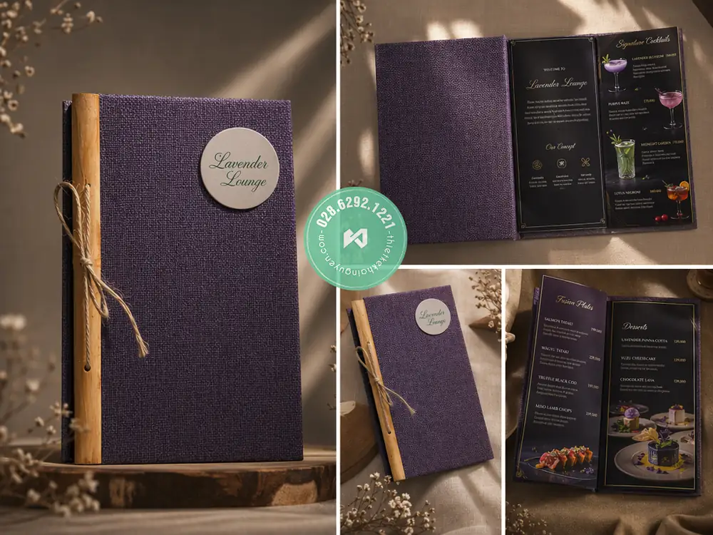 Xưởng in menu vải gáy gỗ đặc biệt cho Nhà Hàng tại TPHCM 6 In menu vải linen gáy gỗ với tone màu tím đậm thú vị