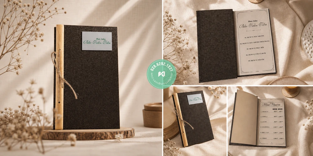 Xưởng in menu vải gáy gỗ đặc biệt cho Nhà Hàng tại TPHCM 4 Bìa Vải làm bảng giá dịch vụ Salon