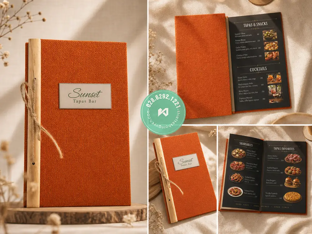 Xưởng in menu vải gáy gỗ đặc biệt cho Nhà Hàng tại TPHCM 12 Mẫu in menu vải gáy gỗ tại Hà Nội - Màu vải Tone Cam