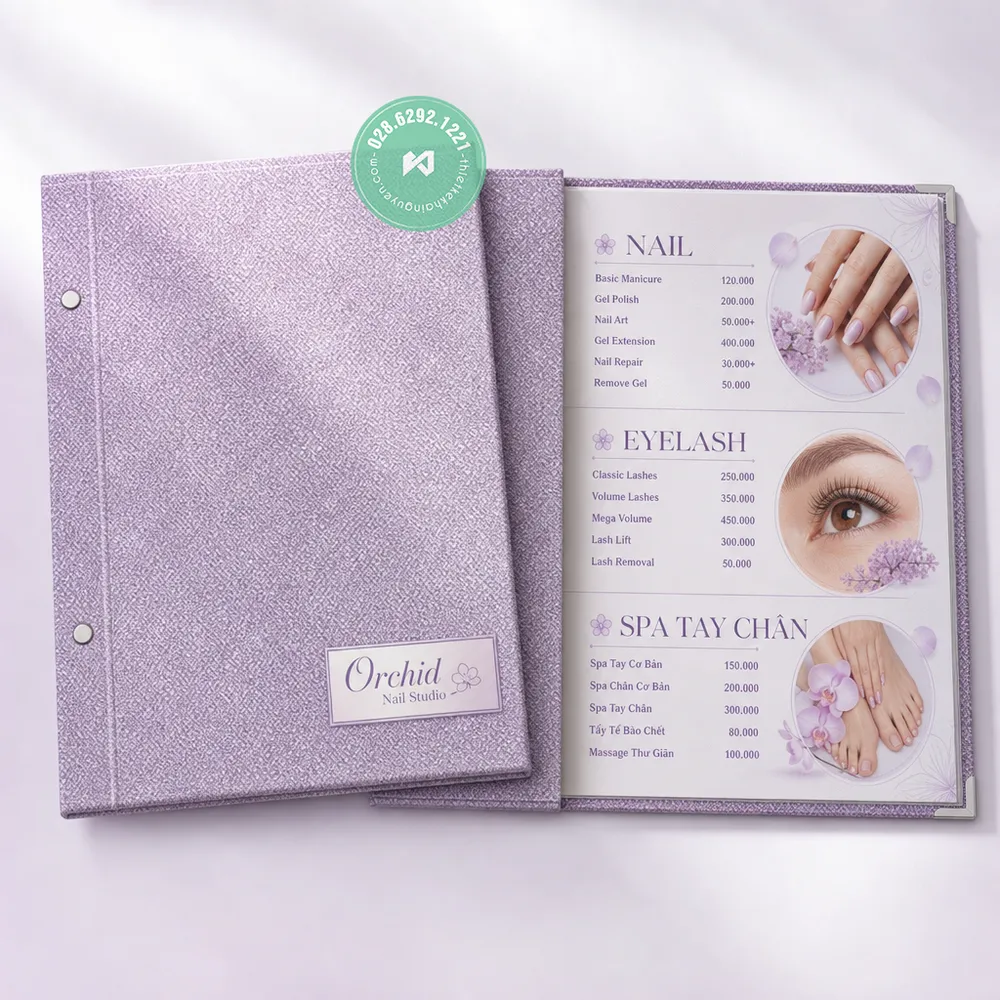 In Menu Vải TPHCM – Nhẹ, Bền, Sang Trọng – Xu Hướng 2026 37 Mẫu in menu vải màu tím siêu đẹp cho nails spa