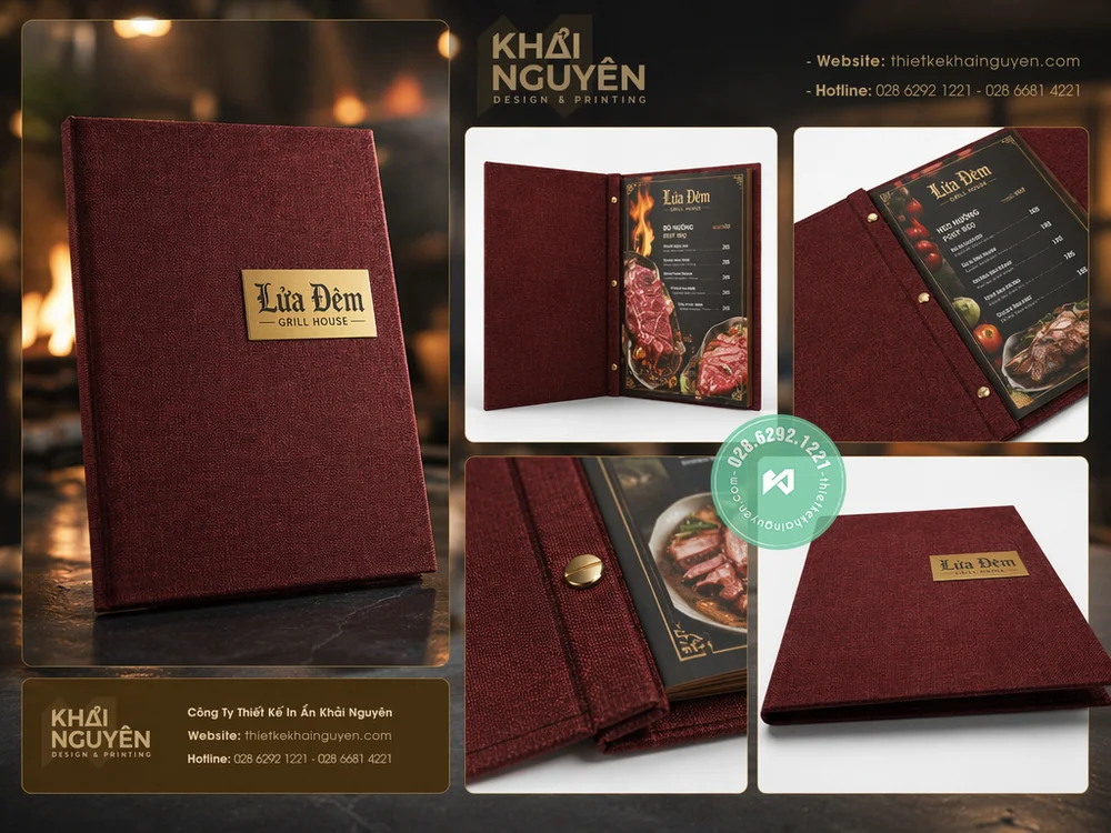 In Menu Vải TPHCM – Nhẹ, Bền, Sang Trọng – Xu Hướng 2026 6 In menu vải gáy ốc trong - gắn logo inox vàng