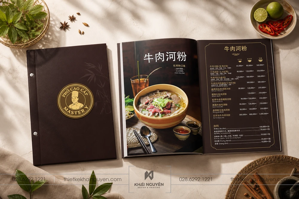 Thiết Kế Menu Đa Ngôn Ngữ Cho Nhà Hàng 2026 | Khải Nguyên 9 Mẫu thiết kế menu tam ngữ cho nhà hàng Trung Việt - Phở Cao Cấp Master Y