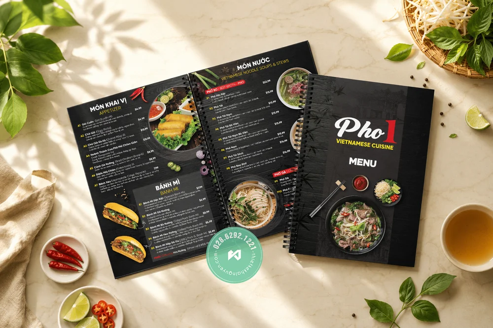 Thiết Kế Menu Đa Ngôn Ngữ Cho Nhà Hàng 2026 | Khải Nguyên 1 Thiết kế menu đa ngôn ngữ cho nhà hàng Phở Vietnam Cusine - Menu bánh mì