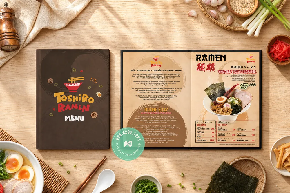 Thiết Kế Menu Đa Ngôn Ngữ Cho Nhà Hàng 2026 | Khải Nguyên 16 In menu mở phẳng cho nhà hàng Nhật - Món Ramen
