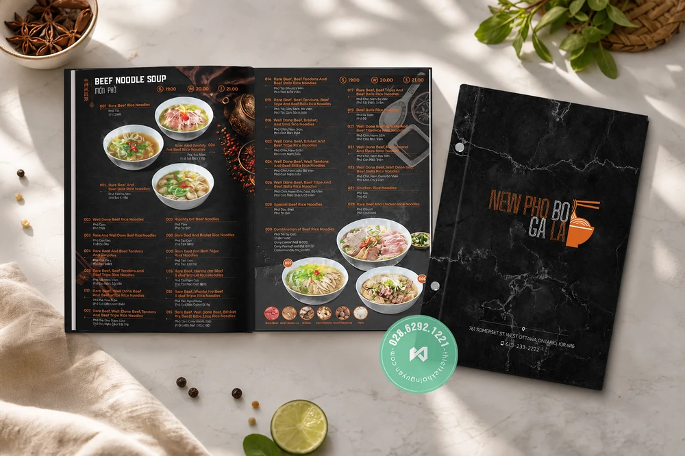Thiết Kế Menu Đa Ngôn Ngữ Cho Nhà Hàng 2026 | Khải Nguyên 10 Mẫu thiết kế menu Phở đa ngôn ngữ - nhà hàng New Pho Bo Ga La