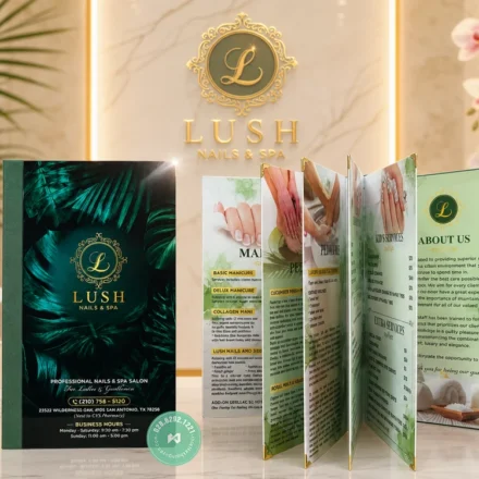 Thiết Kế In Menu Mica Lush Nails & Spa tại San Antonio, Texas Chất liệu in menu mica cho tiệm nails