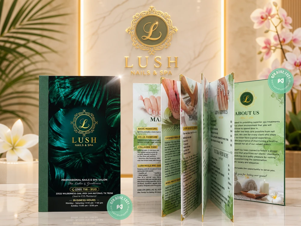 Thiết Kế In Menu Mica Lush Nails & Spa tại San Antonio, Texas 3 Chất liệu in menu mica cho tiệm nails