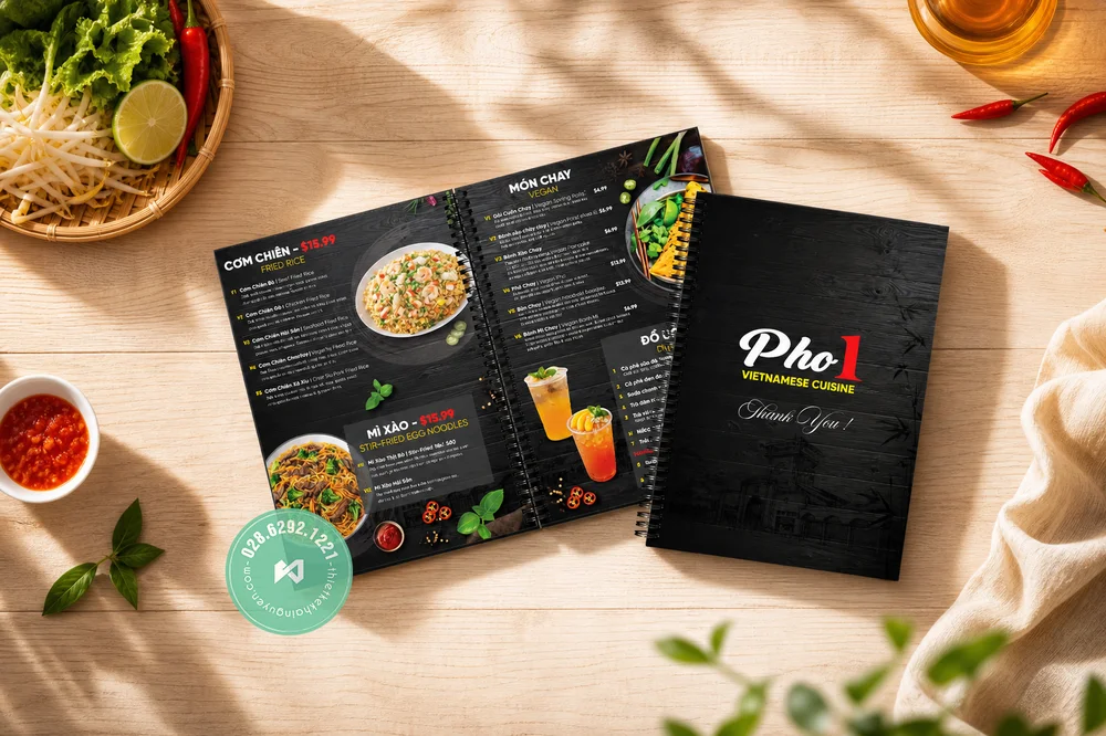 Thiết Kế Menu Đa Ngôn Ngữ Cho Nhà Hàng 2026 | Khải Nguyên 12 Pho 1 Vietnamese Cuisine - Menu món chay song ngữ Anh Việt