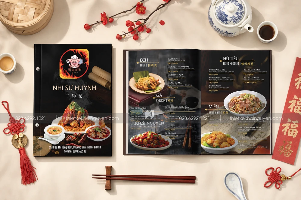 Dự Án Thiết Kế In Menu Nhà Hàng Nhị Sư Huynh - Nhà Hàng Chuyên Món Trung Hoa 4 Lựa chọn 1: menu bìa carton đóng ốc ngoài cho nhà hàng nhị sư huynh