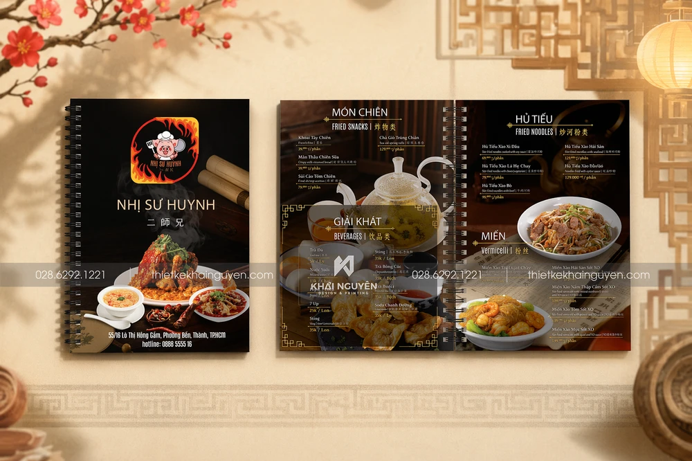 Dự Án Thiết Kế In Menu Nhà Hàng Nhị Sư Huynh - Nhà Hàng Chuyên Món Trung Hoa 5 Lựa chọn 2: in menu nhựa đóng gáy lò xo nhà hàng Trung Quốc