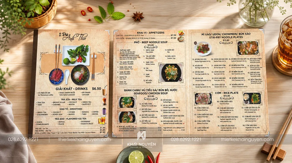 Menu Nhựa Gáy Viền Da Đặc Biệt - Giải Pháp Menu Bền Đẹp Cho Nhà Hàng, Quán Ăn 3 Sản phẩm menu nhựa gáy da có in số lượng ít chỉ từ 5 cái, đa dạng kích thước