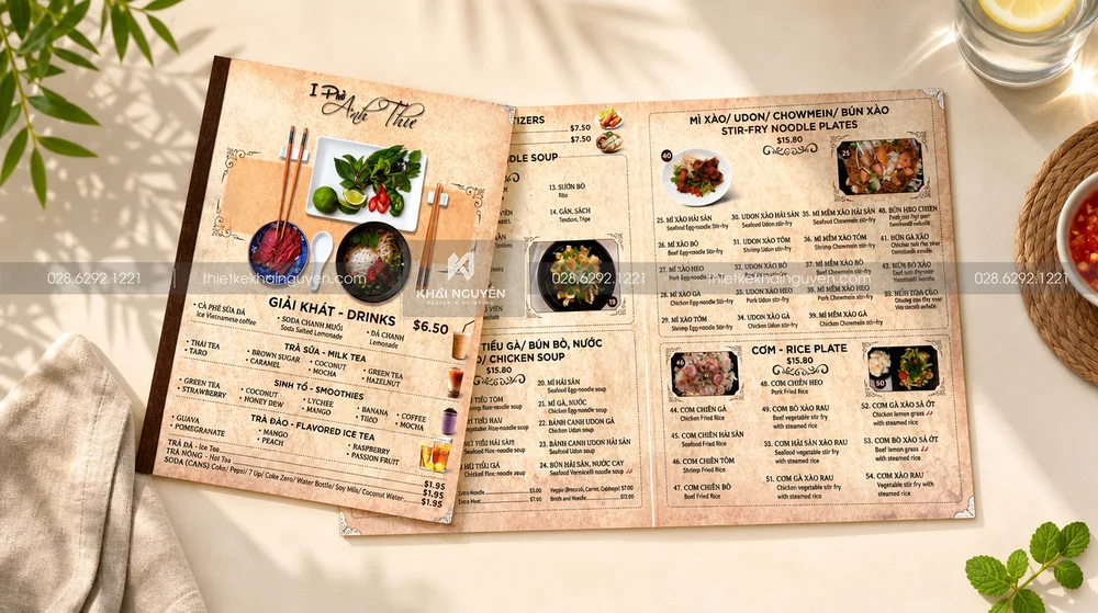 Menu Nhựa Gáy Viền Da Đặc Biệt - Giải Pháp Menu Bền Đẹp Cho Nhà Hàng, Quán Ăn 1 Menu Nhựa Gáy Viền Da Đặc Biệt cho Nhà Hàng Phở