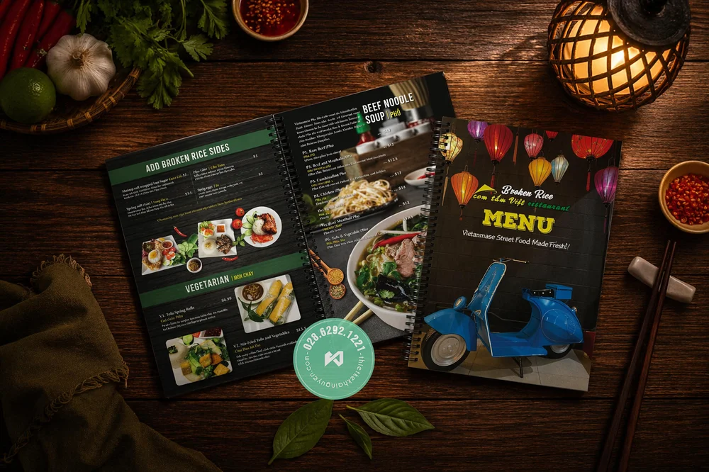 Thiết Kế Menu Đa Ngôn Ngữ Cho Nhà Hàng 2026 | Khải Nguyên 14 Mẫu thiết kế thực đơn Cơm Tấm và Phở Việt Nam tại Mỹ