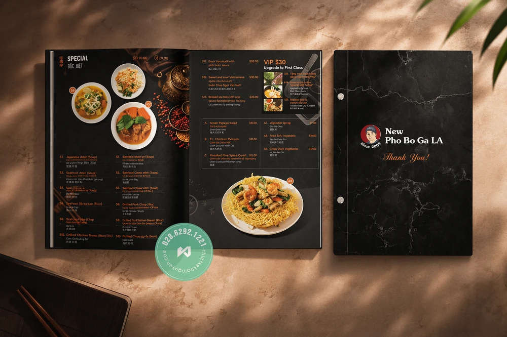 Thiết Kế Menu Đa Ngôn Ngữ Cho Nhà Hàng 2026 | Khải Nguyên 13 Thiết kế menu món Việt nổi tiếng tại Nước Ngoài