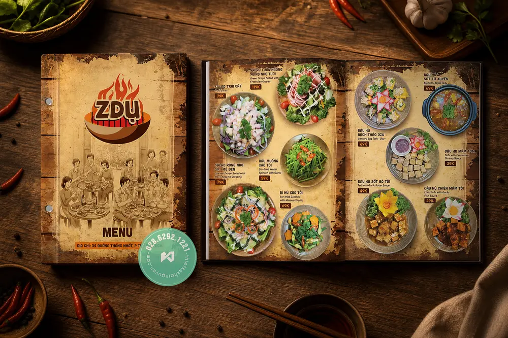Thiết Kế Menu Đa Ngôn Ngữ Cho Nhà Hàng 2026 | Khải Nguyên 26 Thiết kế menu song ngữ Việt Anh cho quán nướng Dzu tại TPHCM