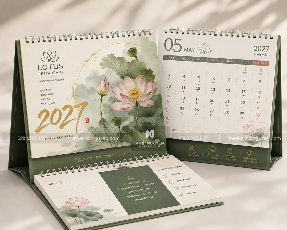 Mẫu In Lịch Tết 2027 Số Lượng Ít, Nhanh Gọn, Giao Tận Nơi 21 In lịch để bàn nhà hàng chay Lotus 2027