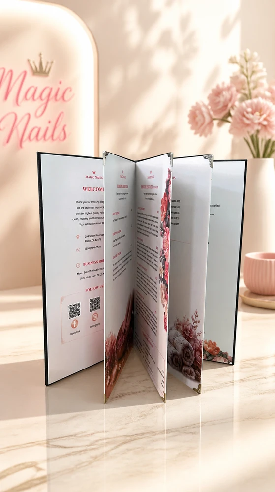 Khi Salon Nail Tại Mỹ Chọn Khải Nguyên: Mẫu Menu Nail Magic Nail Thực Tế 4 Ruột Mở Phẳng 180 độ - Menu Bìa Da Mica
