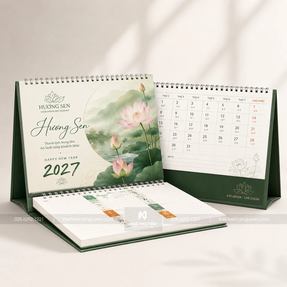Mẫu In Lịch Tết 2027 Số Lượng Ít, Nhanh Gọn, Giao Tận Nơi 7 Thiết kế lịch để bàn nhà hàng chay Hương Sen