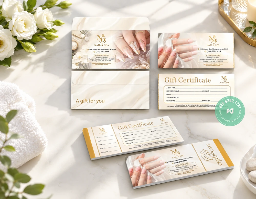 Bộ Nhận Diện Thương Hiệu N5 Nail & Spa - Thiết Kế In Trọn Gói 6 Bộ Gift Certificate (Thẻ quà tặng và phong bì) cho Nails Spa