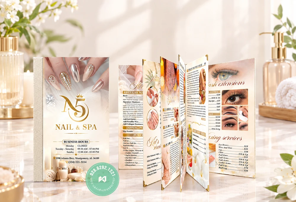 Bộ Nhận Diện Thương Hiệu N5 Nail & Spa - Thiết Kế In Trọn Gói 5 in menu mica ruột nhựa mở phẳng Nails Spa