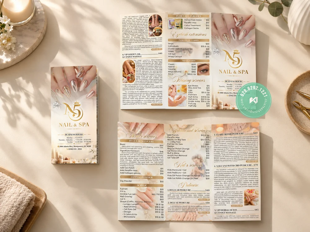 Bộ Nhận Diện Thương Hiệu N5 Nail & Spa - Thiết Kế In Trọn Gói 8 Menu gấp ba - menu togo cho Nails Spa