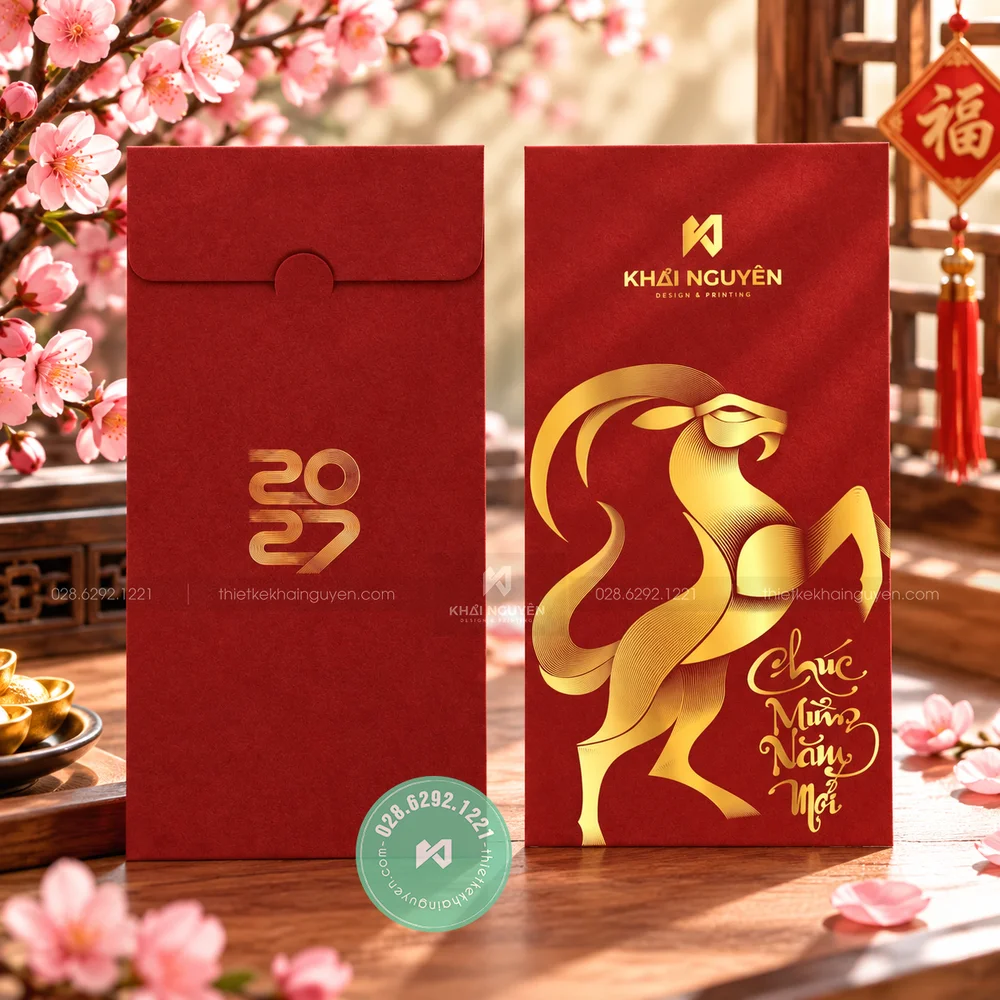 Mẫu Bao Lì Xì Màu Đỏ 2027 Cho Xuân Đinh Mùi May Mắn 8 Bao lì xì màu đỏ ép kim full nội dung, họa tiết, logo trên giấy mỹ thuật