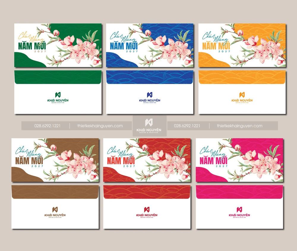 In Bao Lì Xì 2027 Từ 50 Cái, Mẫu Mới Tết Đinh Mùi 14 Bao lì xì nắp ngang hoa đào full màu