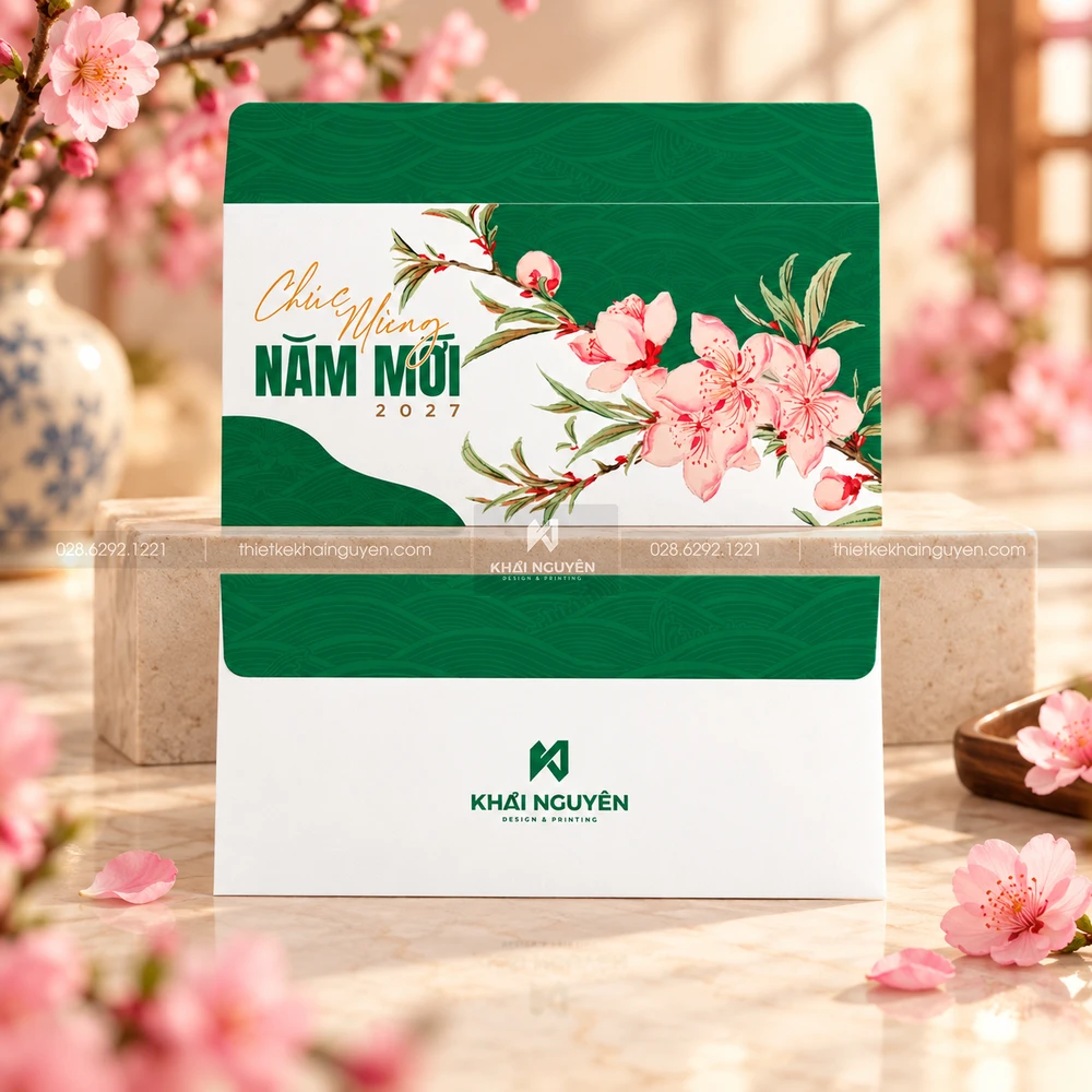 In Bao Lì Xì 2027 Từ 50 Cái, Mẫu Mới Tết Đinh Mùi 24 Bao lì xì nắp ngang - hình hoa đào năm mới