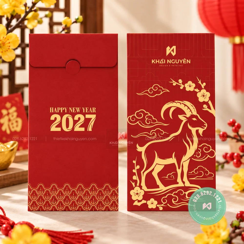 Mẫu Bao Lì Xì Màu Đỏ 2027 Cho Xuân Đinh Mùi May Mắn 19 Bao lì xì ép kim vàng lấp lánh, nhanh, đẹp và nổi bật.