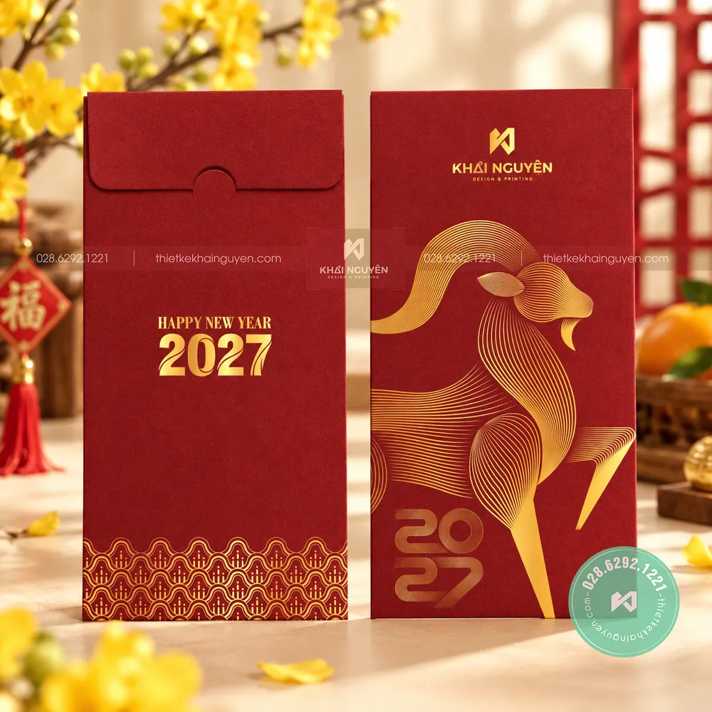 Mẫu Bao Lì Xì Màu Đỏ 2027 Cho Xuân Đinh Mùi May Mắn 42 Red envelope design 2027 - full ép kim giấy mỹ thuật